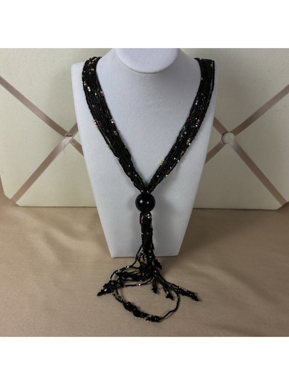 Vintage Boho Artisan Black Beaded Tassel Necklace Iridescent Focal 29in A103